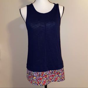 Blue Drapey Tank Top With Floral Silky Hem